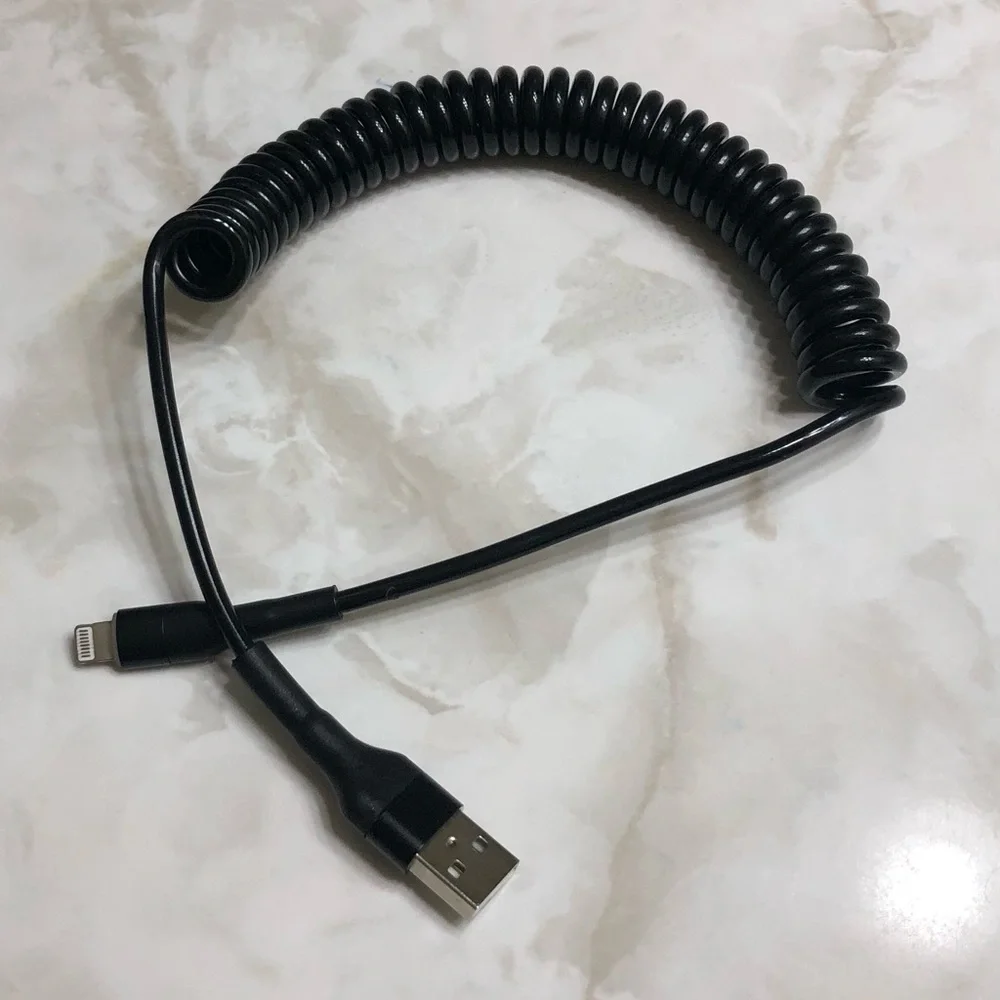 USB Data Synch & Charging Cable (Retractable, Coil USB A to Lightning Cable)
